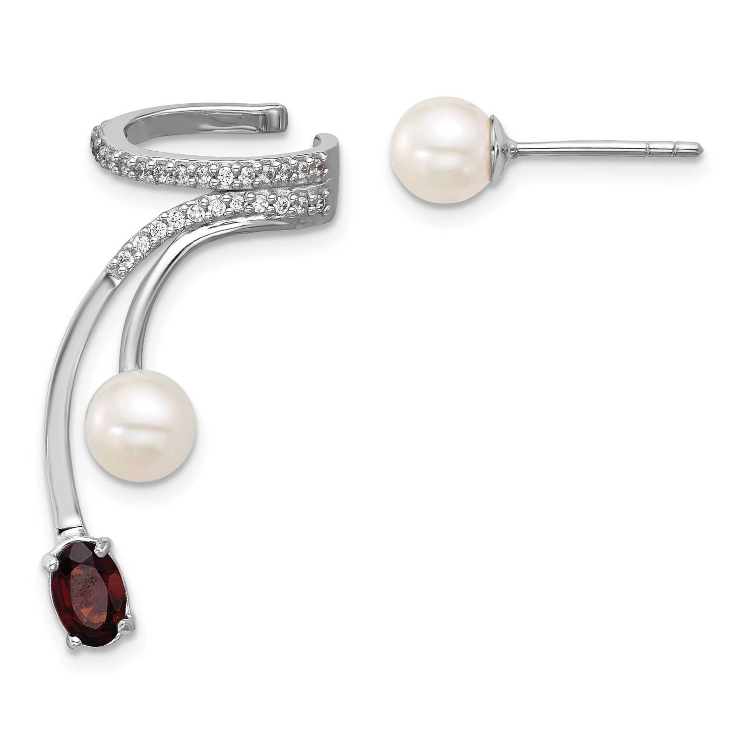 CZ Fwc Pearl Garnet Post and Cuff Asymmetric Earrings Sterling Silver Rhodium-Plated, MPN: QE18336G…