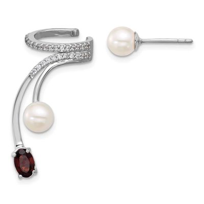 CZ Fwc Pearl Garnet Post and Cuff Asymmetric Earrings Sterling Silver Rhodium-Plated, MPN: QE18336G…