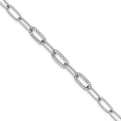 Fancy CZ Paperclip Chain 7 Inch Bracelet 7 Inch Sterling Silver Rhodium-Plated Polished, MPN: QG693…