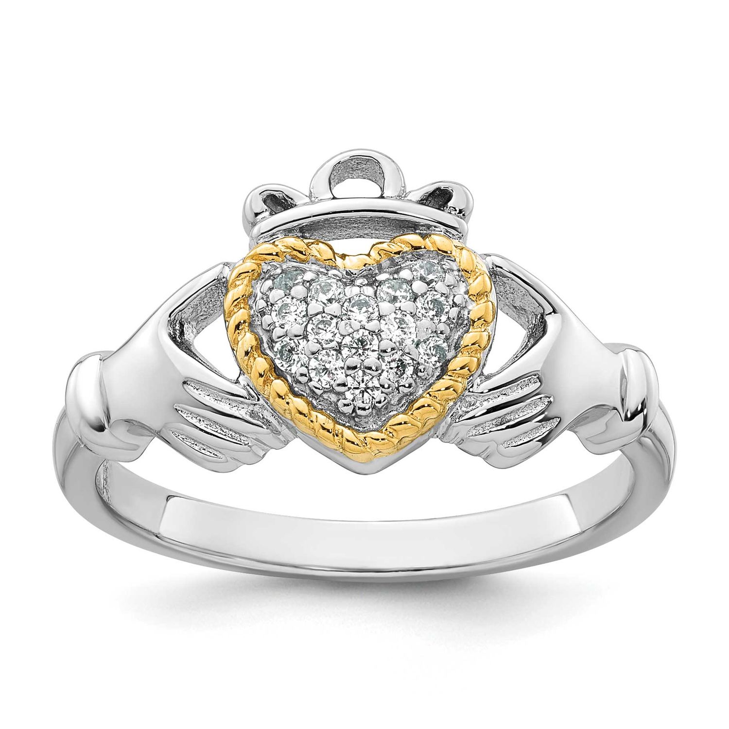 14k Accent Polished CZ Size 6 Claddagh Ring Sterling Silver Rhodium-Plated, MPN: QR7706, UPC: