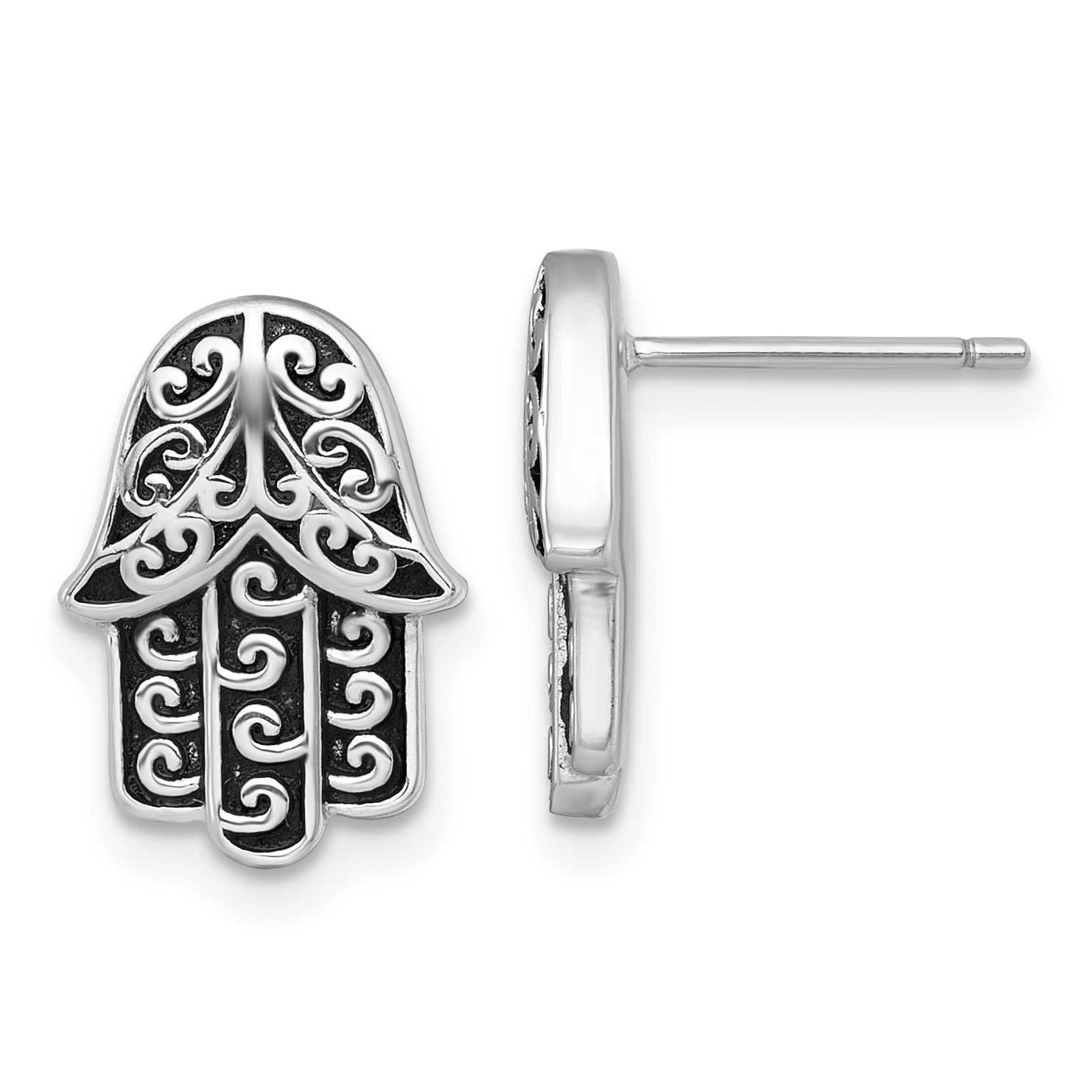 Polished/Oxidized Filigree Hamsa Post Earrings Sterling Silver Rhodium-Plated Polished, MPN: QE1781…