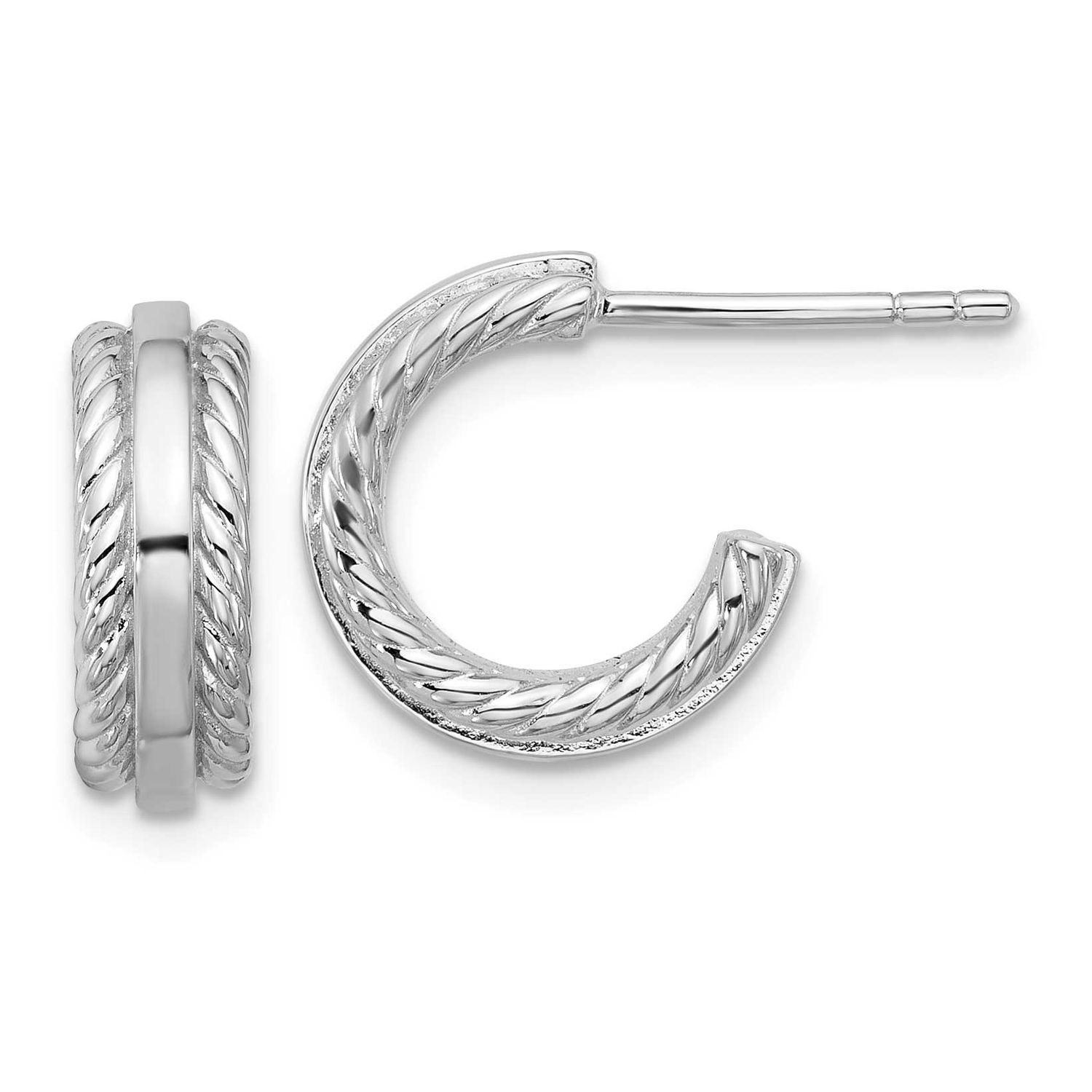 Grooved J-Hoop Post Earrings Sterling Silver Rhodium-Plated, MPN: QE17995, UPC: