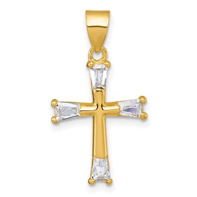 Tapered Baguette CZ Cross Pendant Sterling Silver Gold-Tone Polished, MPN: QC11646, UPC:
