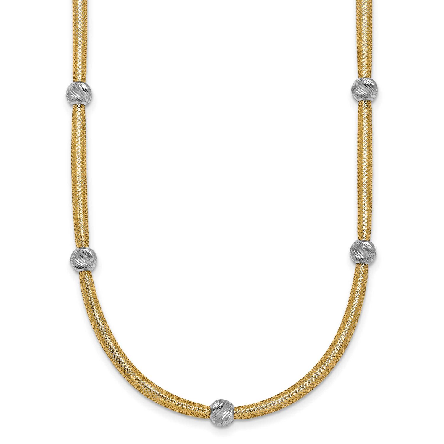 Rhodium Diamond-cut Bead Flexible Mesh Cable Necklace 14k Gold Polished, MPN: SF2684-18, UPC: