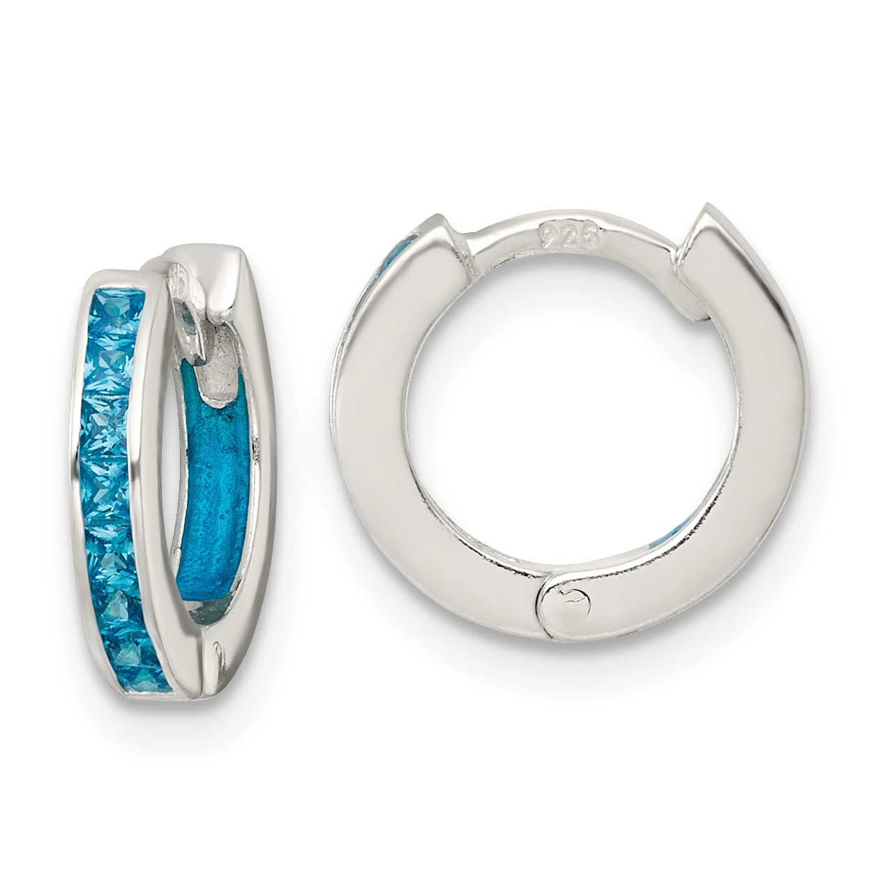 Blue CZ and Blue Enamel In and Out 13mm Hinged Round Hoop Earrings Sterling Silver Polished, MPN: Q…