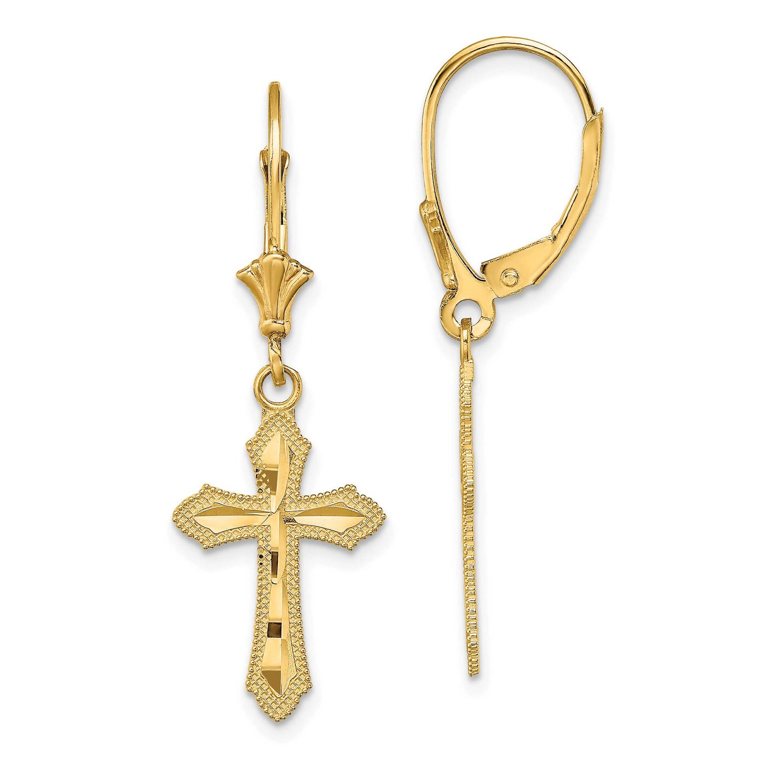 Diamond-cut Cross with Beaded Edge Leverback Earrings 14k Gold, MPN: TF1778, UPC: 637218176717