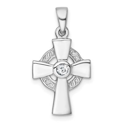 Polished CZ Celtic Cross Pendant Sterling Silver Rhodium-Plated, MPN: QC11616, UPC: