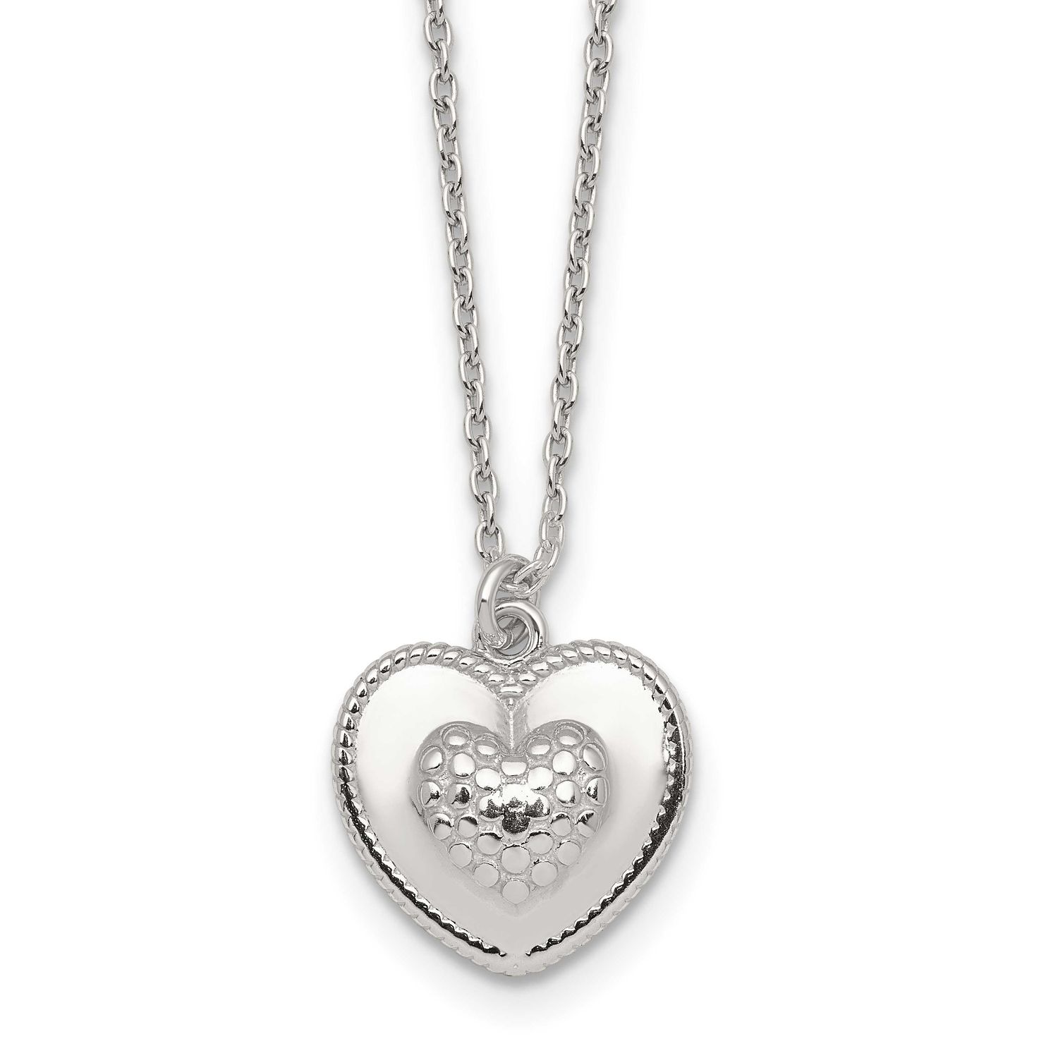 Textured Heart with 2 Inch Extension Necklace Sterling Silver Polished, MPN: QG7050-16, UPC: