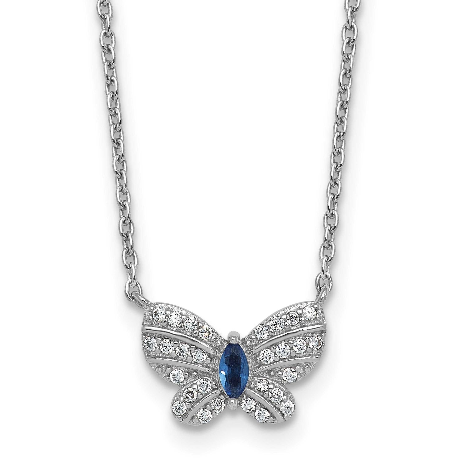 CZ and Glass Butterfly 16 Inch with 2 Inch Extension Necklace Sterling Silver Rhodium-Plated, MPN: …