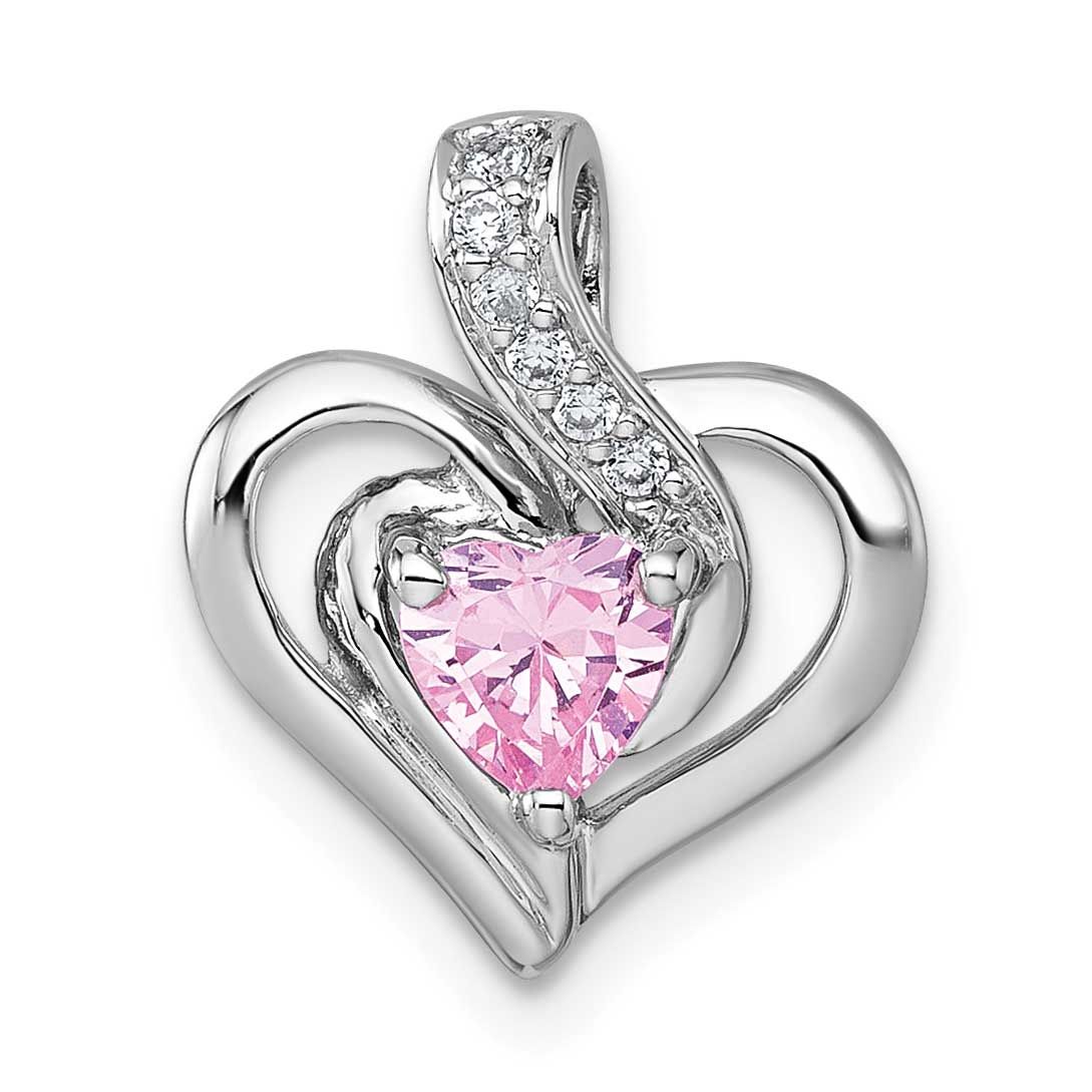 Pink/White CZ Heart Chain Slide Pendant 19.4 Inch Sterling Silver Rhodium-Plated Polished, MPN: QC1…