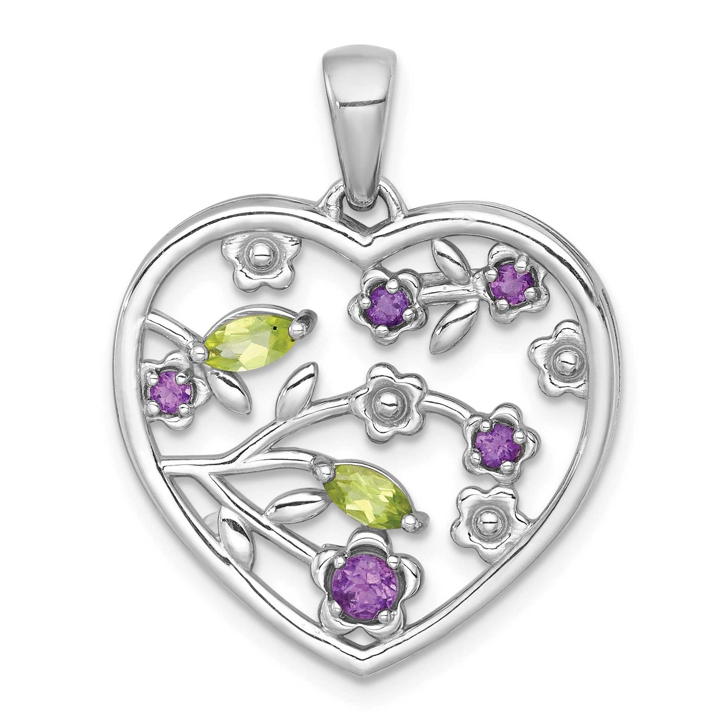Polished Amethyst and Peridot Flowers In Heart Pendant Sterling Silver Rhodium-Plated, MPN: QP6024A…