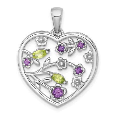 Polished Amethyst and Peridot Flowers In Heart Pendant Sterling Silver Rhodium-Plated, MPN: QP6024A…