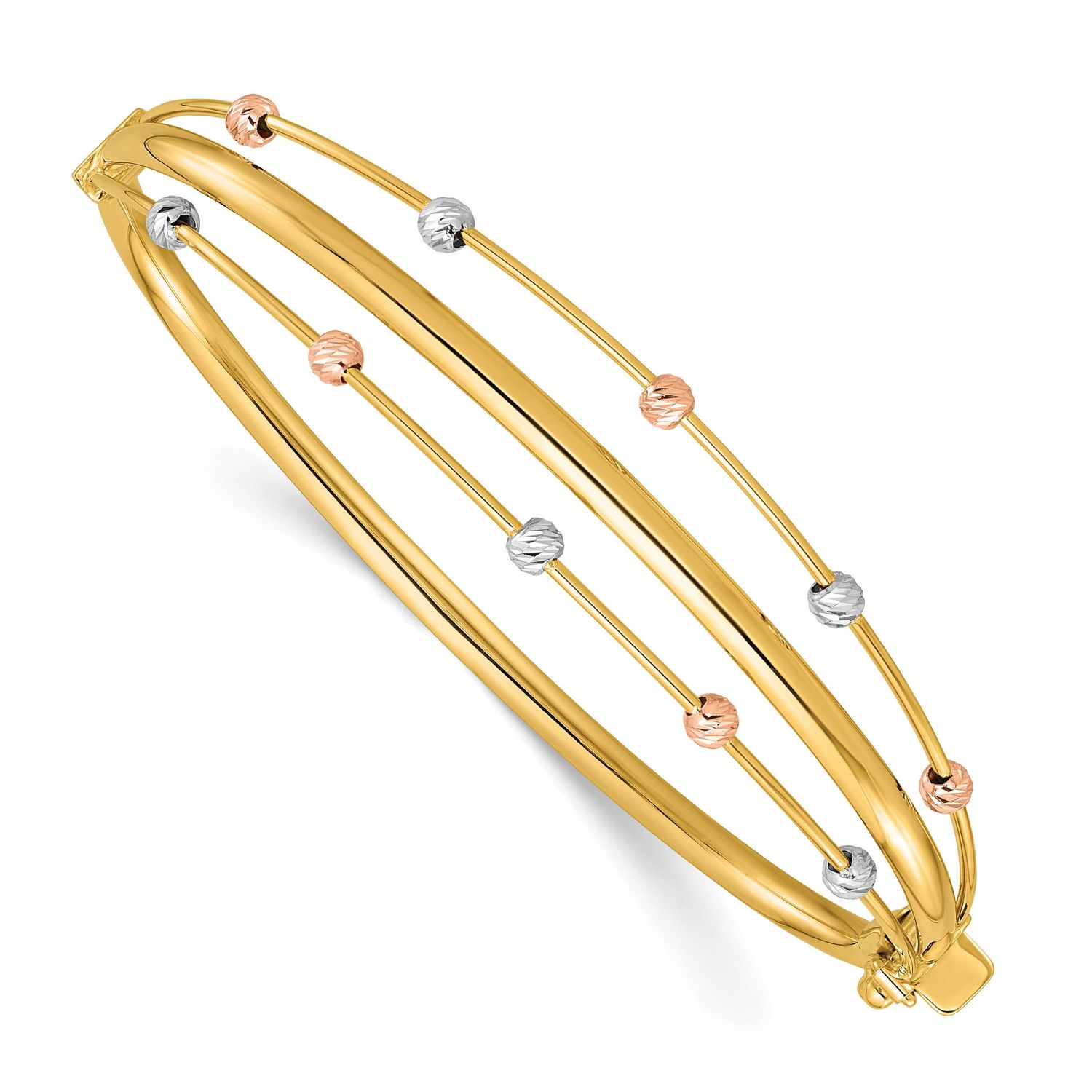 Polished 3 Row Diamond-cut Bead Hinged Bangle Bracelet 14K Tri-Color Gold, MPN: DB747, UPC: