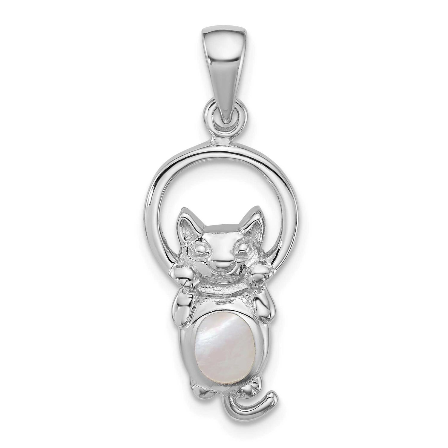 Polished Mop Hanging Cat Pendant Sterling Silver Rhodium-Plated, MPN: QC11578, UPC: