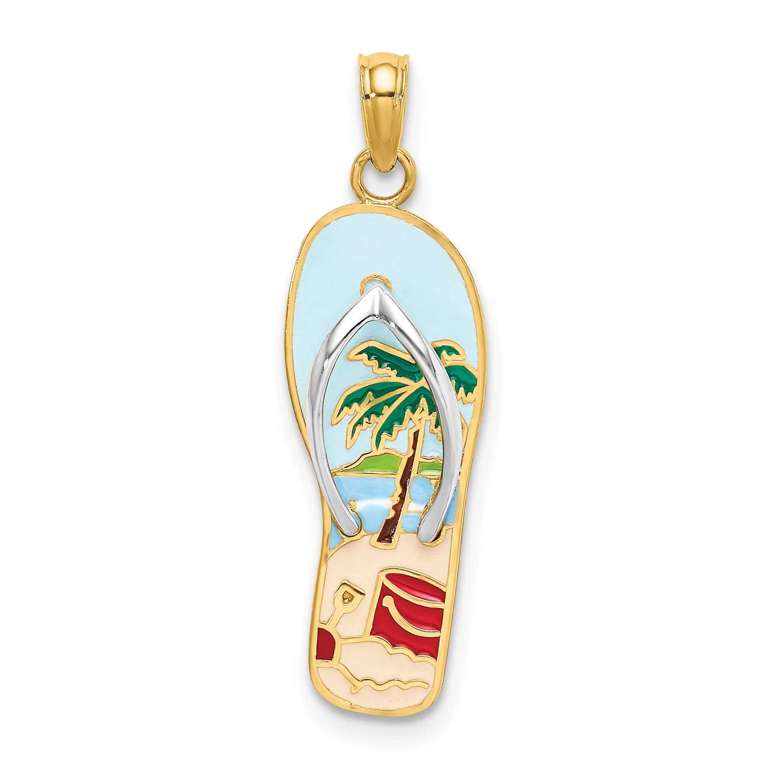 3D Enamel Palm Tree and Bucket Flip-Flop Charm 14k Gold with Rhodium, MPN: K6804, UPC: 637218123292