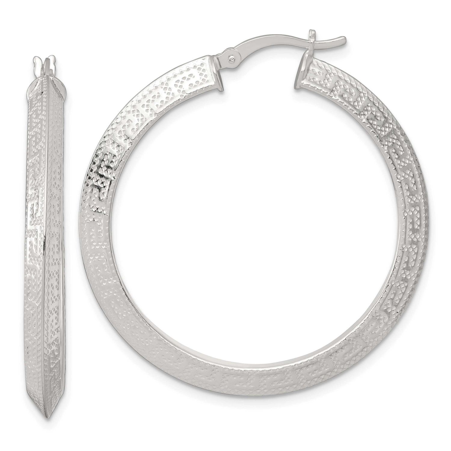 40x4.0mm Knife Edge Greek Key Round Hoop Earrings Sterling Silver Textured, MPN: QE17863, UPC: