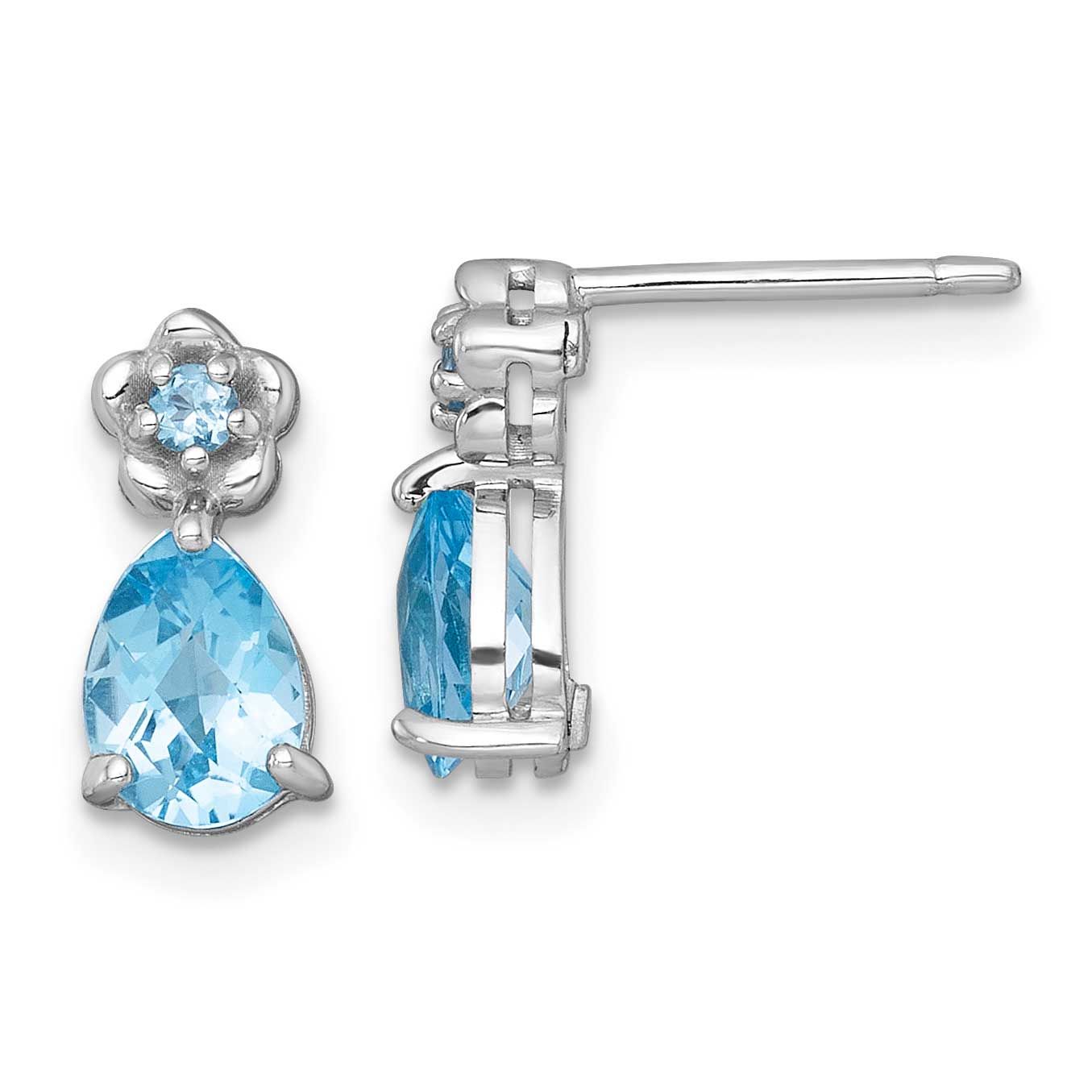 Polished Light Swiss Blue Topaz Teardrop and Flower Post Earrings Sterling Silver Rhodium-Plated, M…