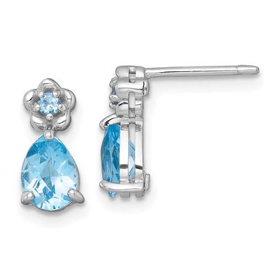 Polished Light Swiss Blue Topaz Teardrop and Flower Post Earrings Sterling Silver Rhodium-Plated, M…