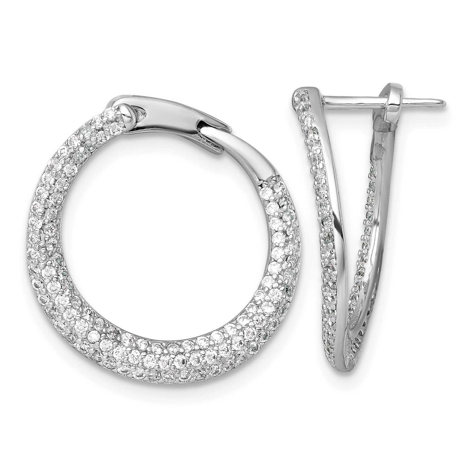 Pave CZ Hinged Round Hoop Earrings Sterling Silver Rhodium-Plated, MPN: QE18106, UPC: