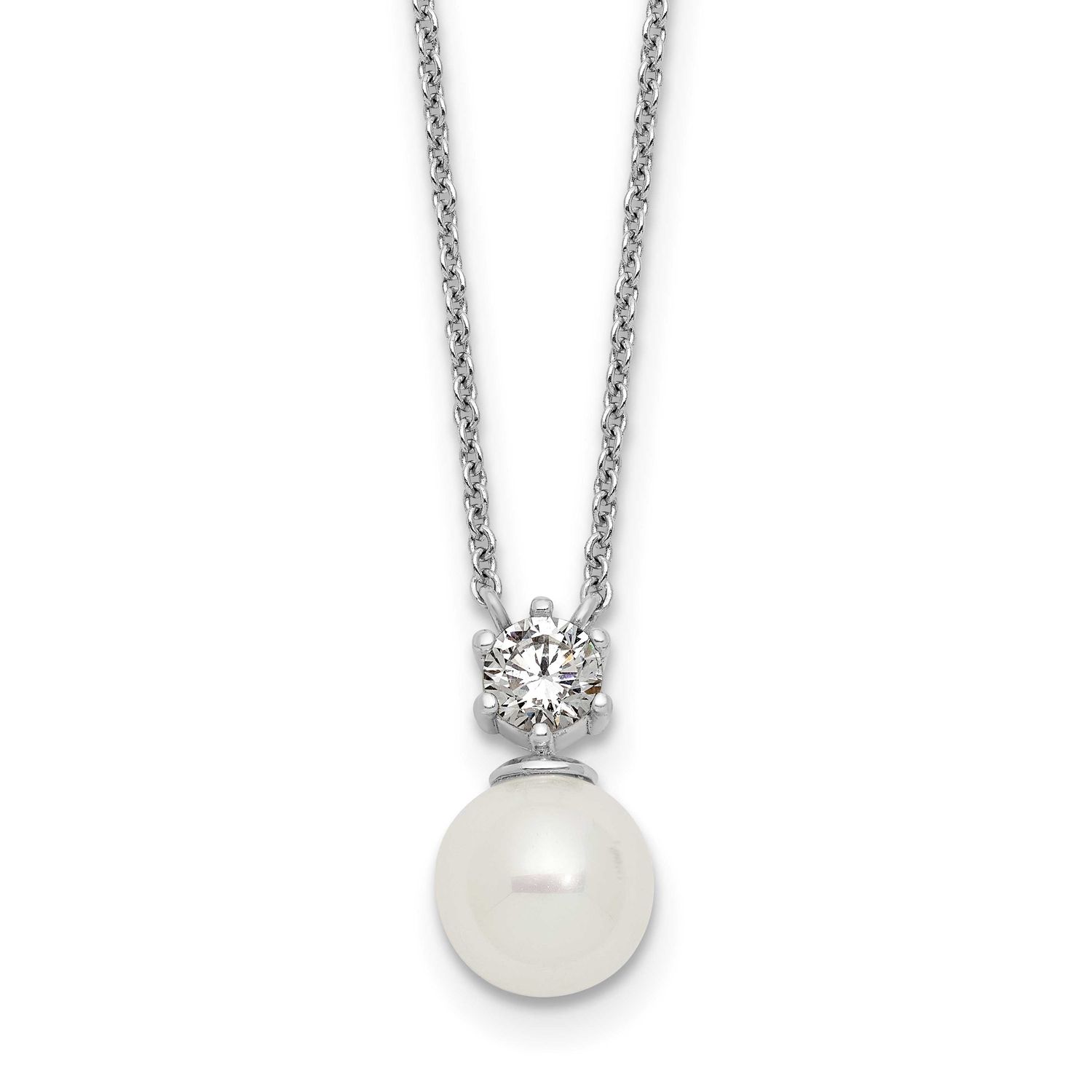 CZ Shell Pearl 15.5 Inch with 2 Inch Extension Necklace Sterling Silver Rhodium-Plated Polished, MP…