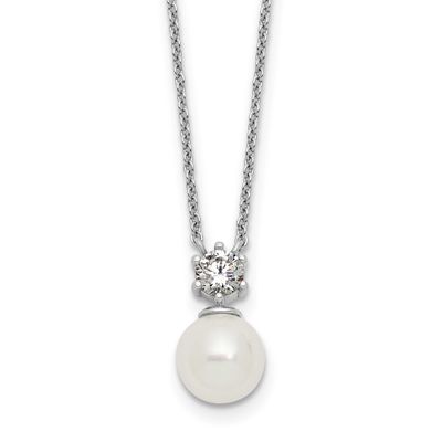 CZ Shell Pearl 15.5 Inch with 2 Inch Extension Necklace Sterling Silver Rhodium-Plated Polished, MP…
