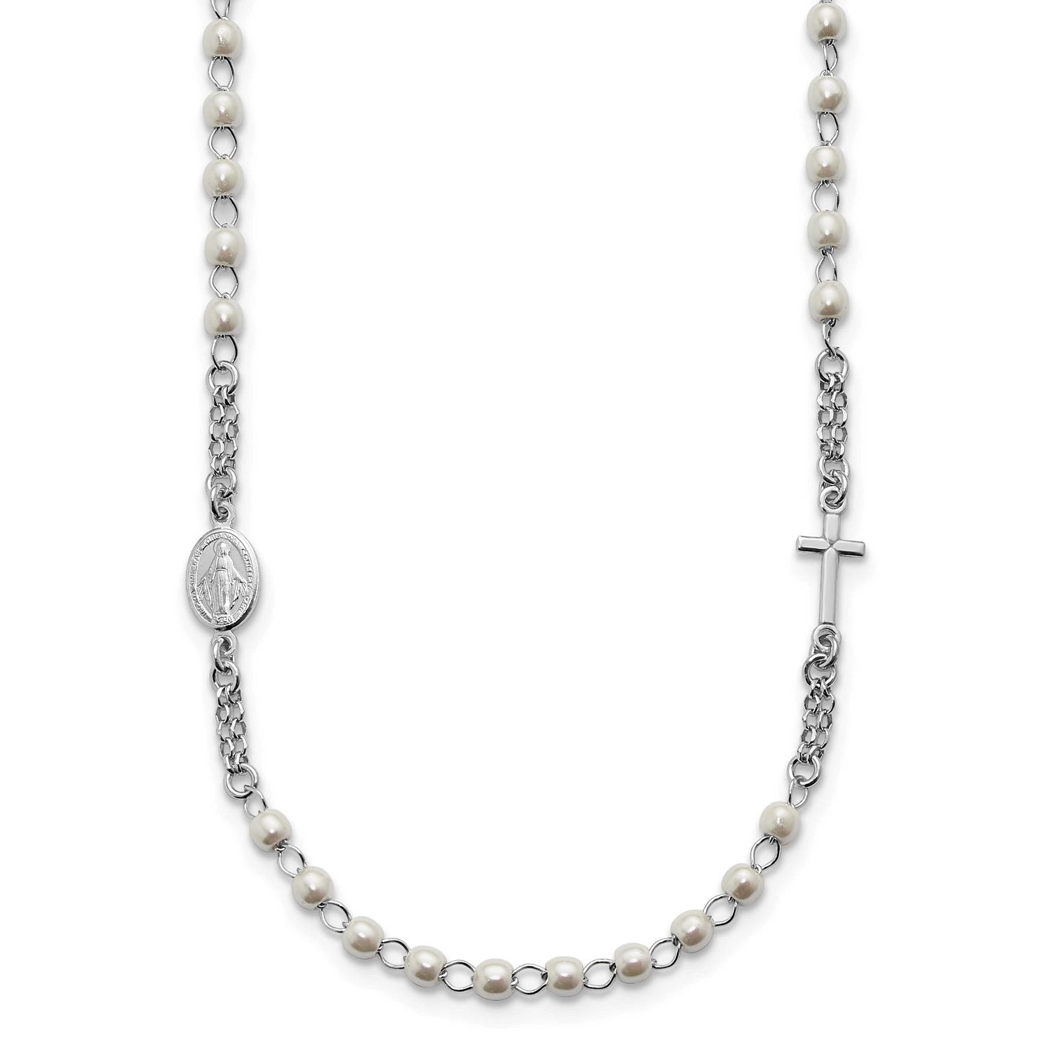 at Plastic Imitation Pearl 19.75 Inch with 1 Inch Ex. Rosary Themed Necklace Sterling Silver Rhodiu…