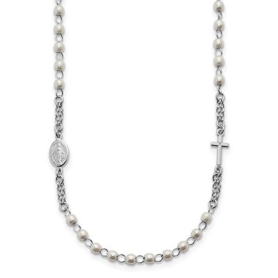 at Plastic Imitation Pearl 19.75 Inch with 1 Inch Ex. Rosary Themed Necklace Sterling Silver Rhodiu…
