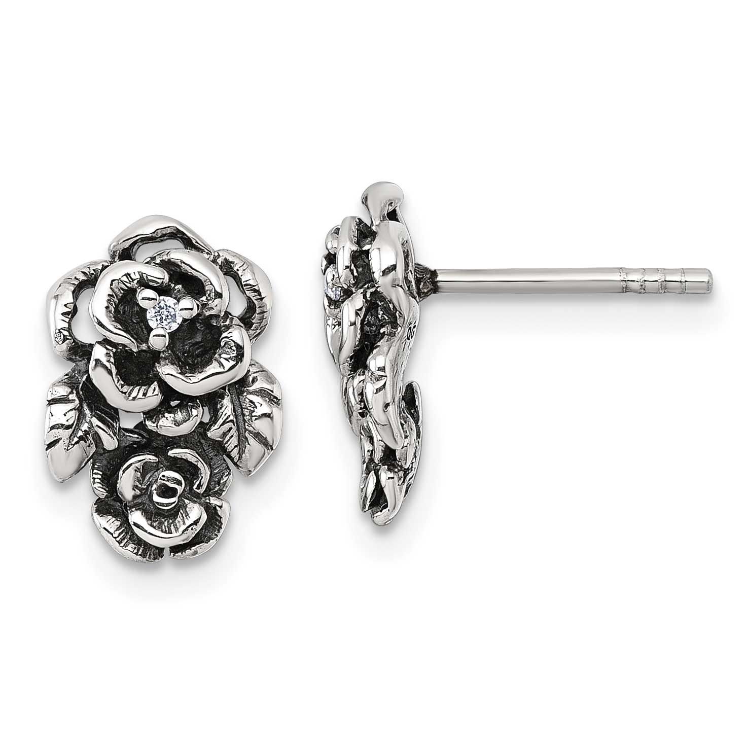 Polished CZ Flower Post Earrings Sterling Silver Antiqued, MPN: QG7232E, UPC: