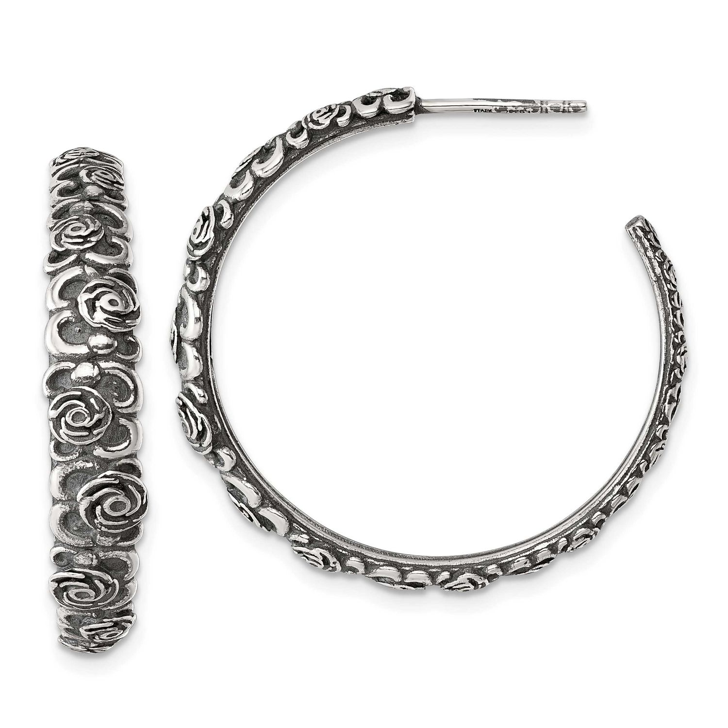 Graduated Floral Post Hoop Earrings Sterling Silver Antiqued, MPN: QG6975E, UPC: