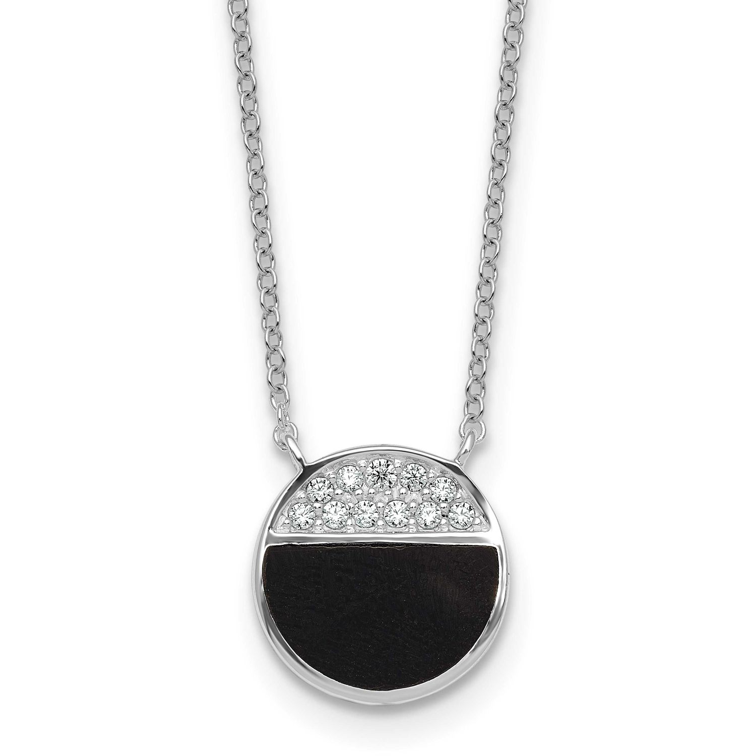Polished Black Onyx CZ Circle 16 Inch with 2 Inch Extension Necklace Sterling Silver Rhodium-Plated…