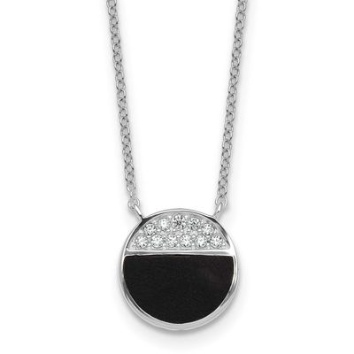 Polished Black Onyx CZ Circle 16 Inch with 2 Inch Extension Necklace Sterling Silver Rhodium-Plated…