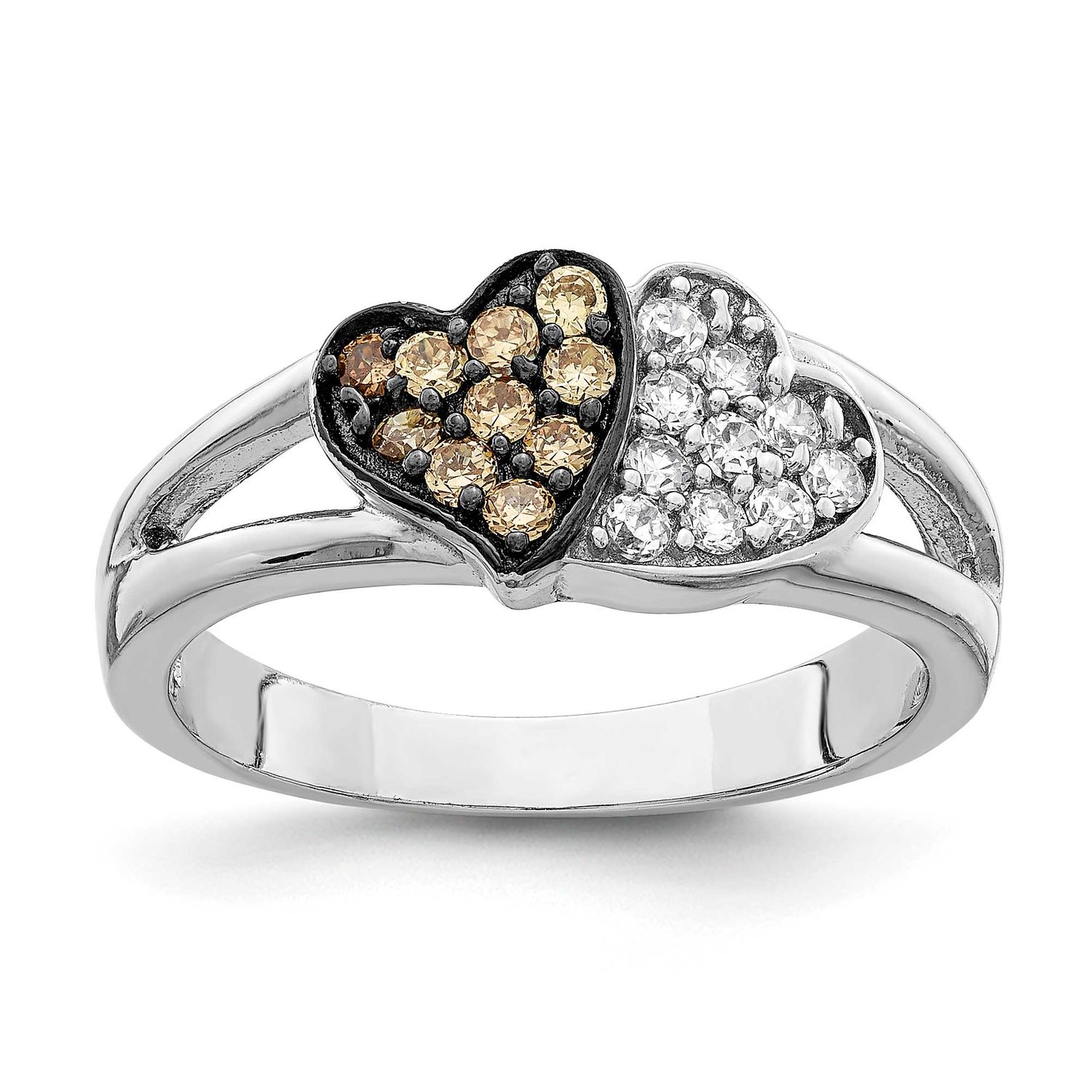 Clear &amp; Champagne CZ Hearts Ring Sterling Silver Rhodium-Plated, MPN: QR2756, UPC: 883957537658