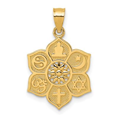 Textured Multi-Faith Symbol Flower Pendant 14k Gold Polished, MPN: K10042, UPC: