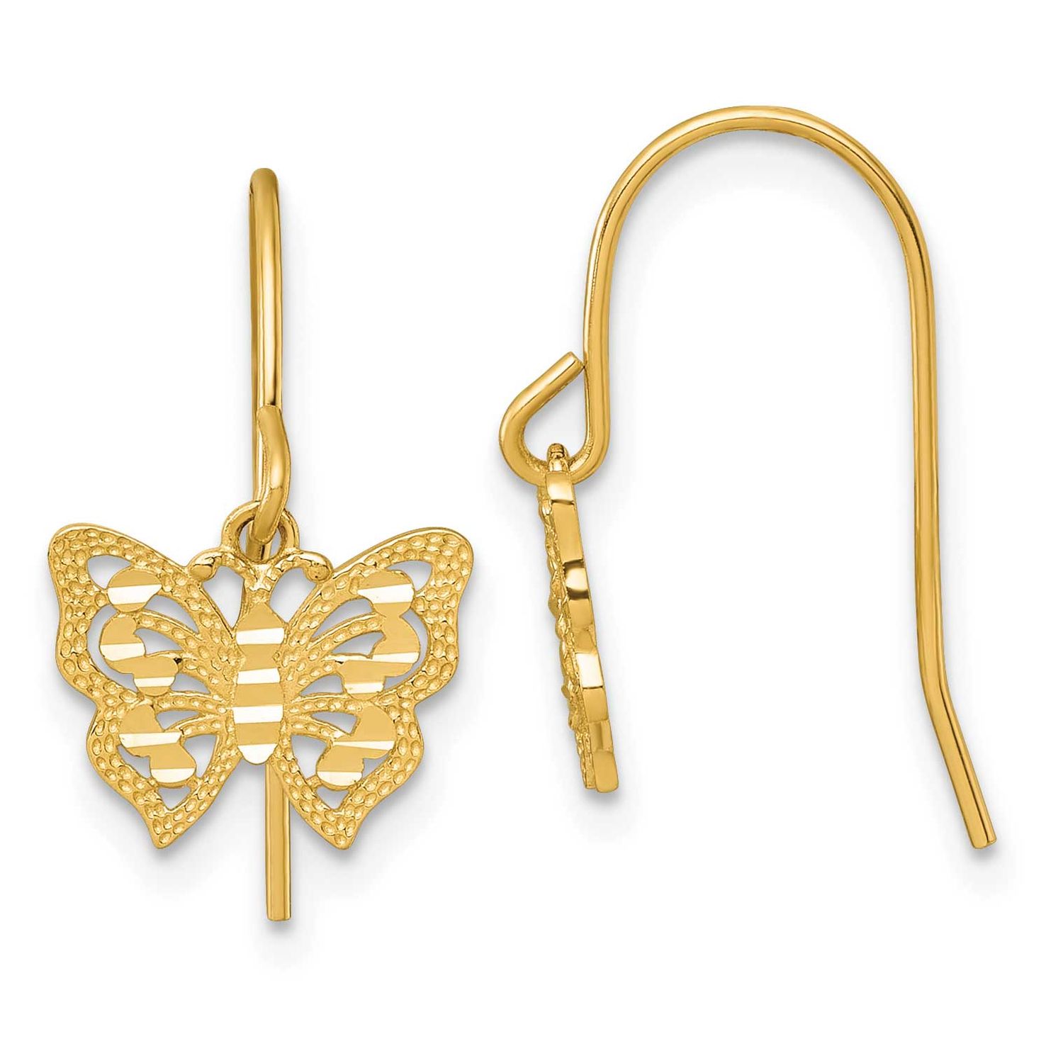Diamond-Cut Dangle Butterfly Shepherd Hook Earrings 10k Gold Polished, MPN: 10ER401, UPC: