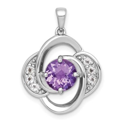 Polished Checker-Cut Round Amethyst and White Topaz Pendant Sterling Silver Rhodium-Plated, MPN: QP…