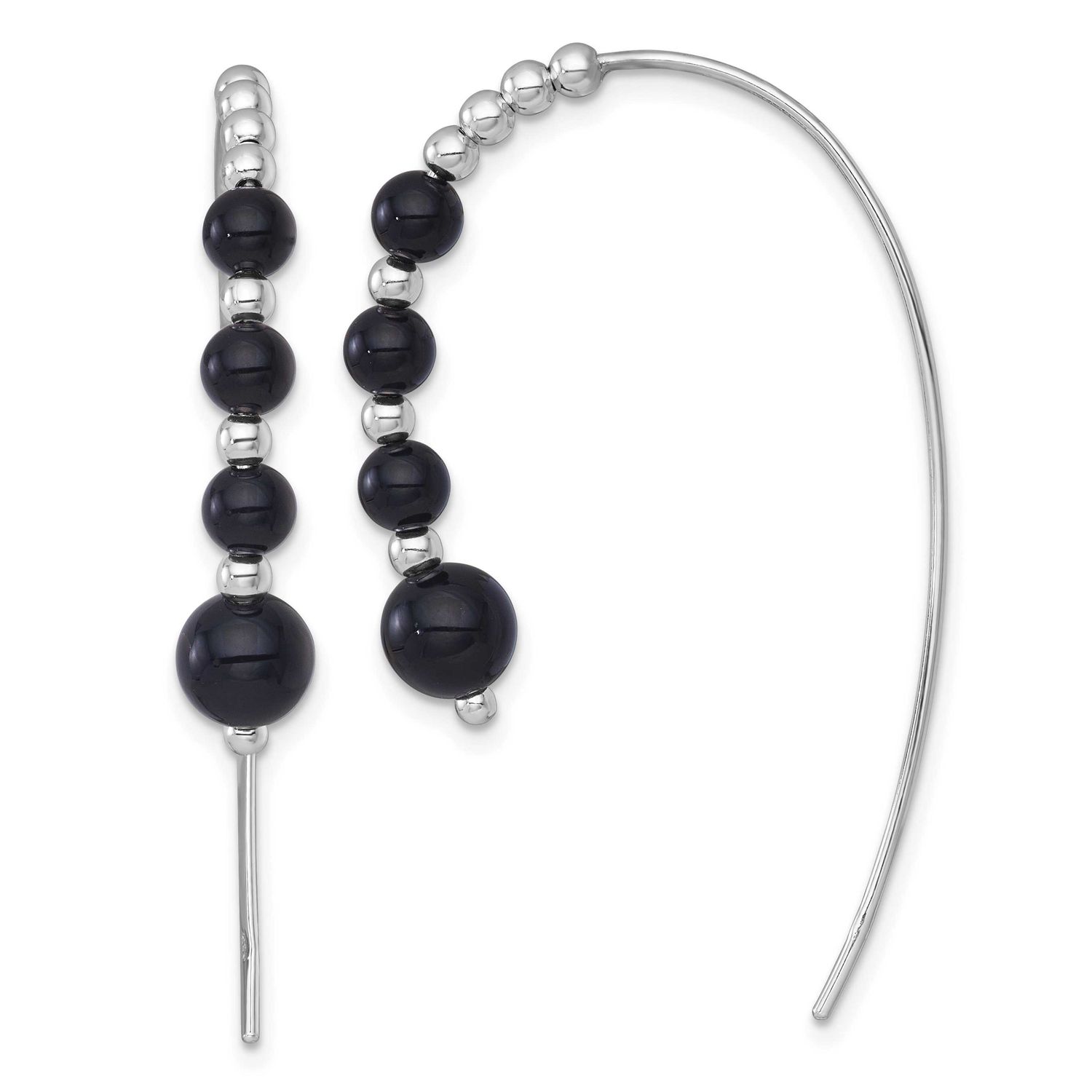 Onyx Beaded Threader Earrings Sterling Silver Rhodium-Plated Polished, MPN: QE18017, UPC: