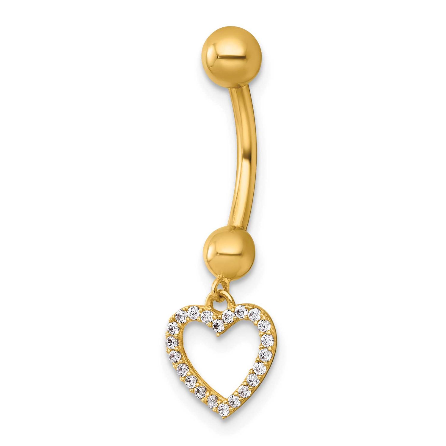 14 Gauge Polished CZ Dangling Open Heart Navel Ring 14k Gold, MPN: BD329, UPC: