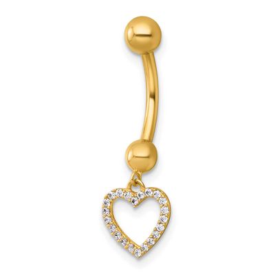 14 Gauge Polished CZ Dangling Open Heart Navel Ring 14k Gold, MPN: BD329, UPC: