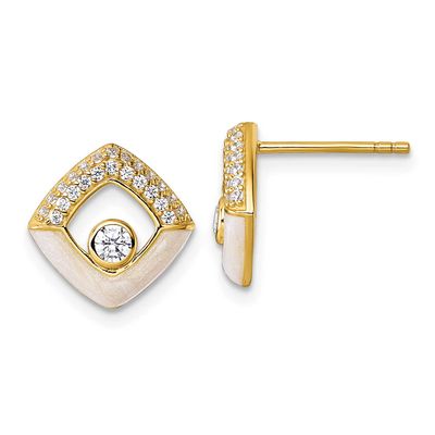 CZ Enamel Polished Square Post Earrings Sterling Silver Gold-Tone, MPN: QG6978EGP, UPC: