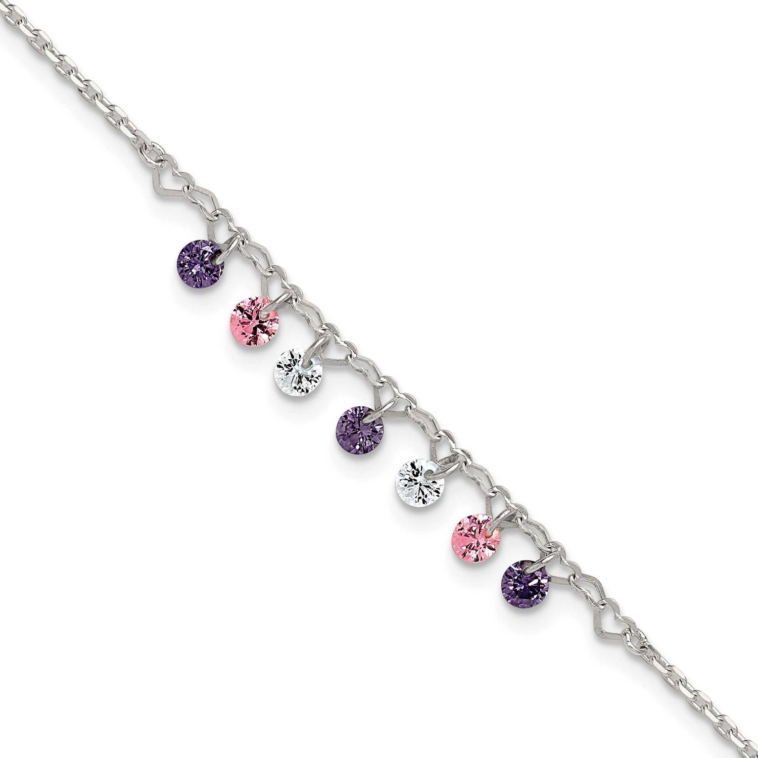 Multicolor CZ and Hearts 9 Inch Plus 1 Inch Extension Anklet Sterling Silver Polished, MPN: QG6880-…