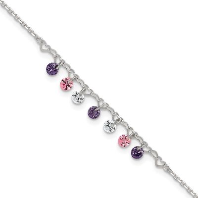 Multicolor CZ and Hearts 9 Inch Plus 1 Inch Extension Anklet Sterling Silver Polished, MPN: QG6880-…