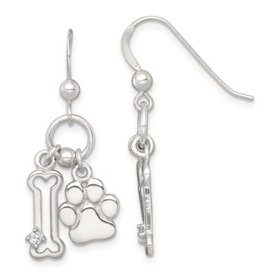 CZ Bone and Paw Dangle Earrings Sterling Silver Polished, MPN: QE18225, UPC: