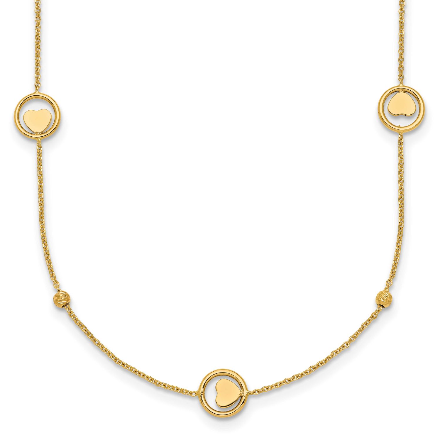 Heart In Circle with Diamond-cut Beads 16.75 Inch Necklace 14k Gold Polished, MPN: SF3283-16.75, UP…