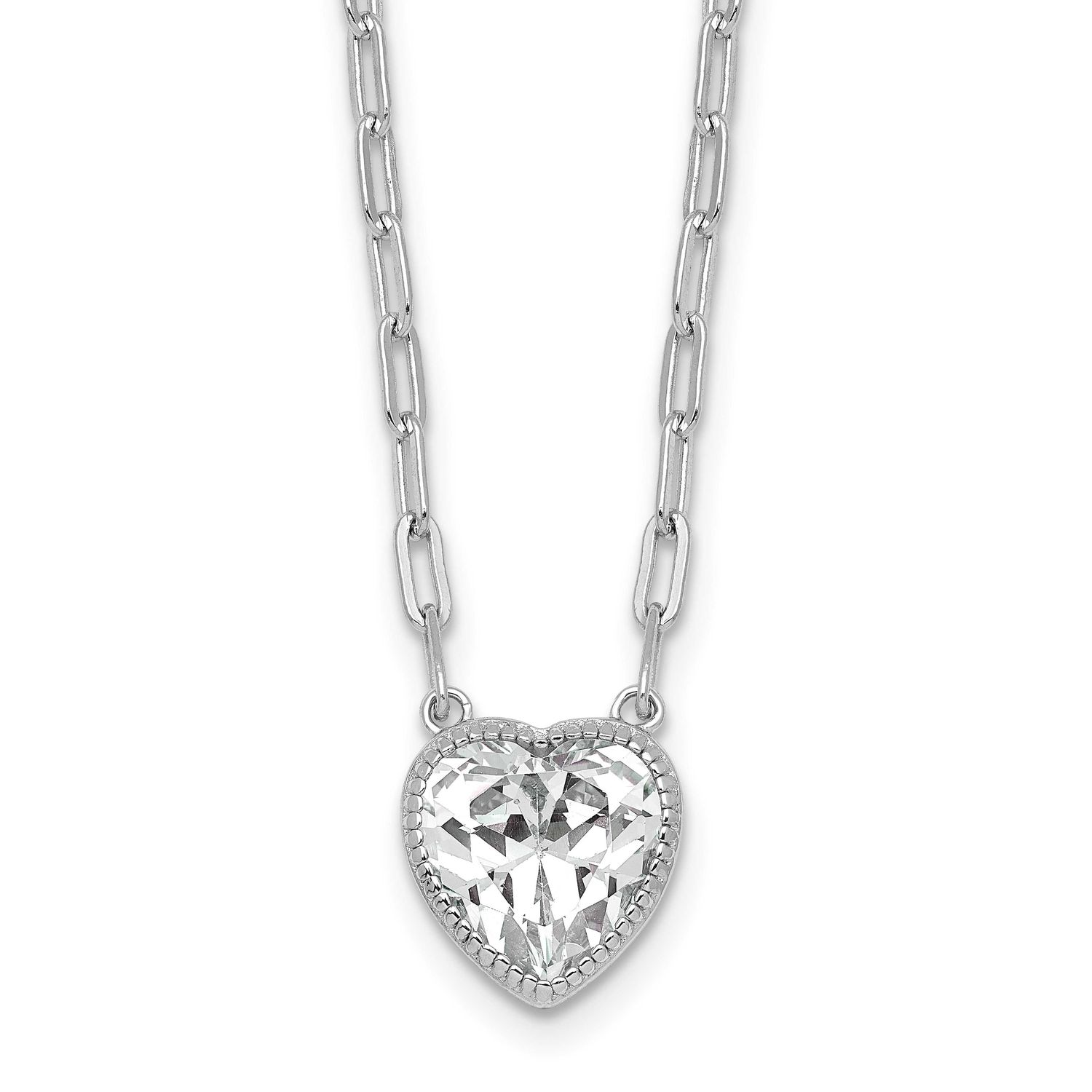 Polished Heart CZ with Paperclip Chain 16 Inch with 1.75 Inch Extension Necklace 16 Inch Sterling S…