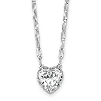Polished Heart CZ with Paperclip Chain 16 Inch with 1.75 Inch Extension Necklace 16 Inch Sterling S…