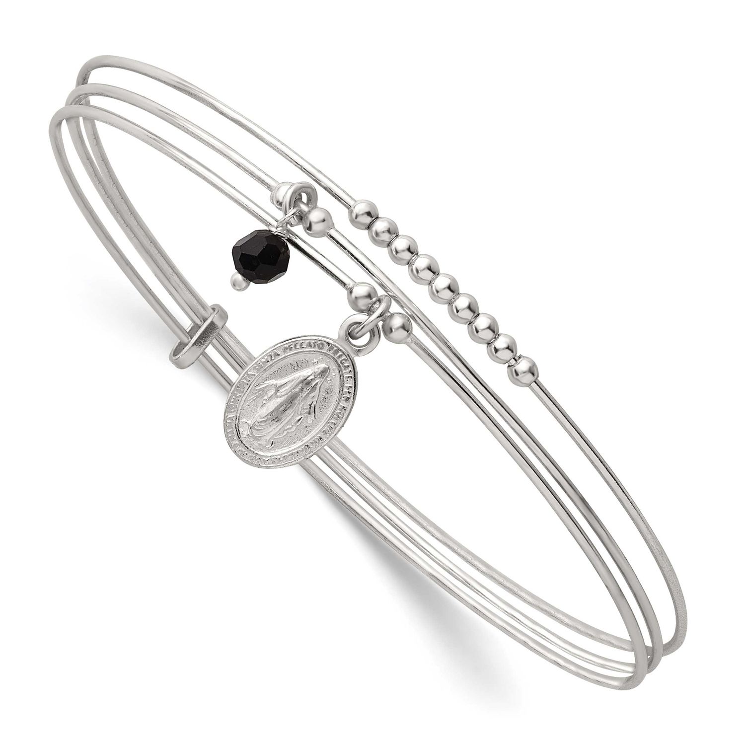 Beaded Black Glass Miraculous Medal Charm Slip On Bangle Sterling Silver, MPN: QB1604, UPC: