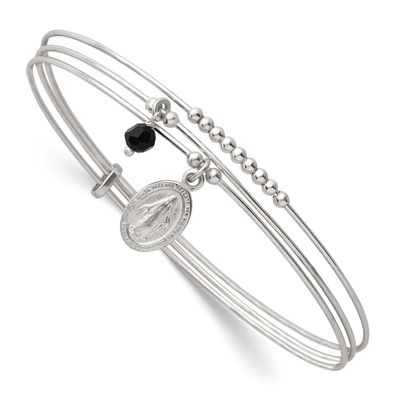 Beaded Black Glass Miraculous Medal Charm Slip On Bangle Sterling Silver, MPN: QB1604, UPC:
