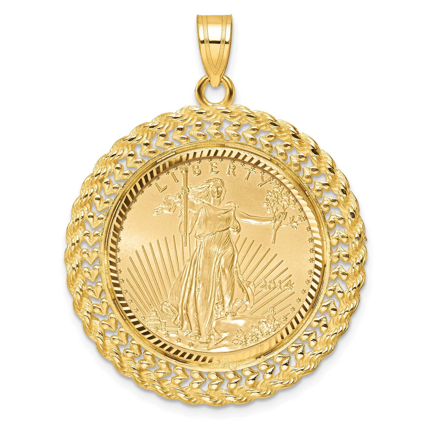 Diamond-Cut Heart &amp; Rope Prong Mounted 1/4Oz American Eagle Coin Bezel Pendant 14k Gold, MPN: C8189…