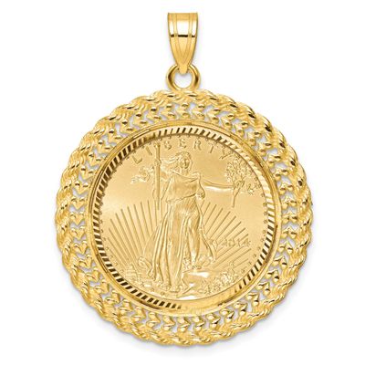 Diamond-Cut Heart &amp; Rope Prong Mounted 1/4Oz American Eagle Coin Bezel Pendant 14k Gold, MPN: C8189…