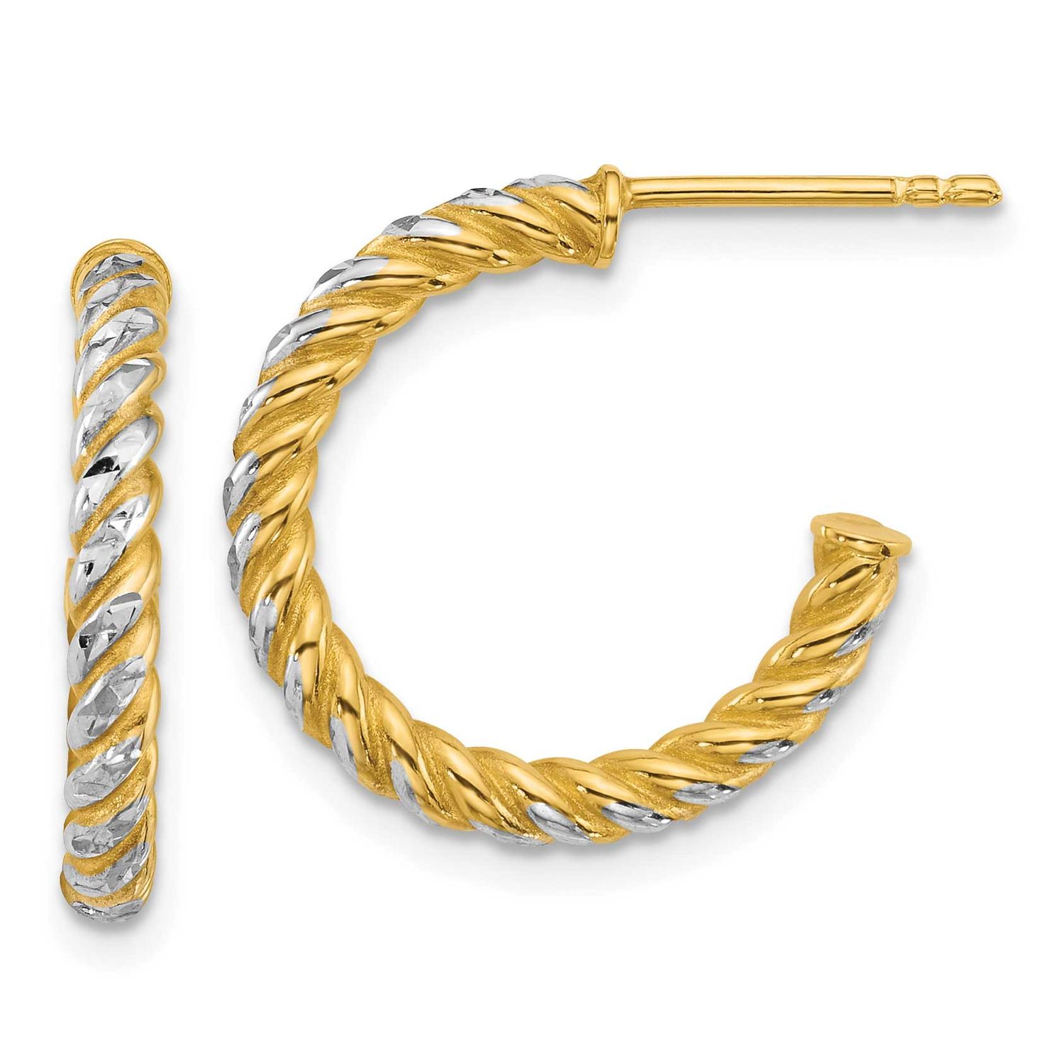 Diamond-cut Twisted 2.75mm Post Hoop Earrings 14k Gold with Rhodium Polished, MPN: TF2543, UPC: